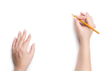 Female hands holding pencil, isolated on white background. File contains a path to isolation.