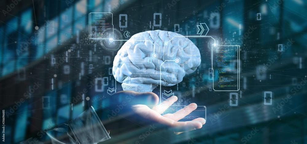 Poster businessman holding a intelligence artificial brain with data - 3d rendering