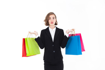 Beautiful business man wearing white shirt and black holding shopping bag with surprising face on white background. Short hair.