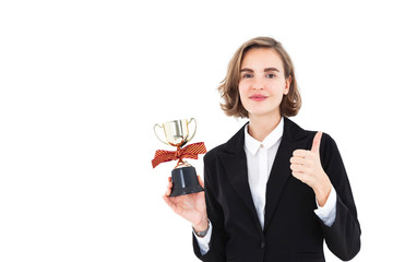 Beautiful business man  white shirt and black holding trophy with ribbon with happy face on white background. Short hair.