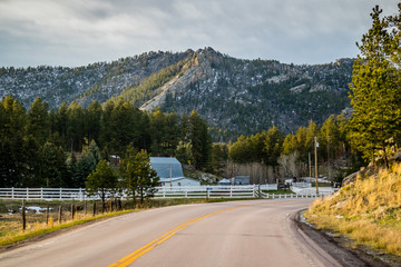 A long way down the road of Custer State Park, South Dakota