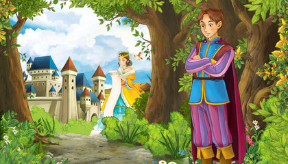 cartoon summer scene with meadow in the forest with beautiful princess girl romantic