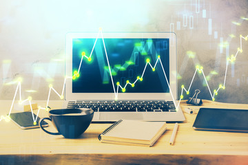 Multi exposure of forex graph and work space with computer. Concept of international online trading.