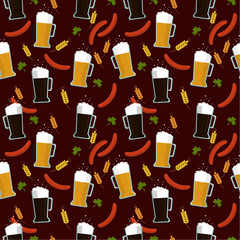  Seamless pattern: light and dark beer in a glass, barbecue and sausages on a brown background. flat vector. illustration