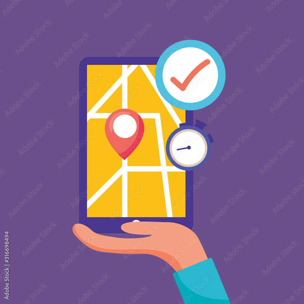 Poster logistic delivery service with smartphone with hand lifting