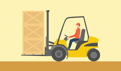 forklift goods container on the warehouse with man driving the yellow fork lift