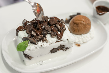 Shaved Ice with Sweetned chocolate ice cream.