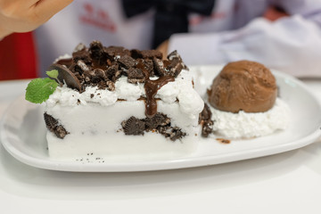 Shaved Ice with Sweetned chocolate ice cream.