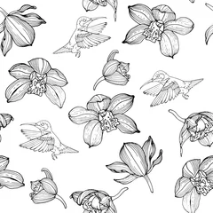Aluminium Prints Orchidee Orchid and Hummingbird flowers seamless