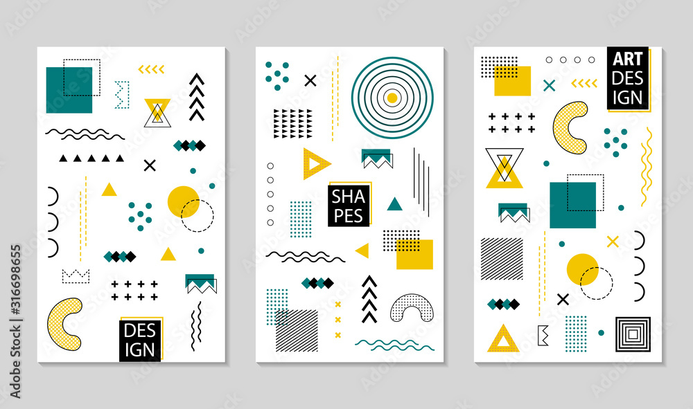 Aufkleber design geometric poster with abstract memphis shapes. geometric pattern texture with lines, grid, ci