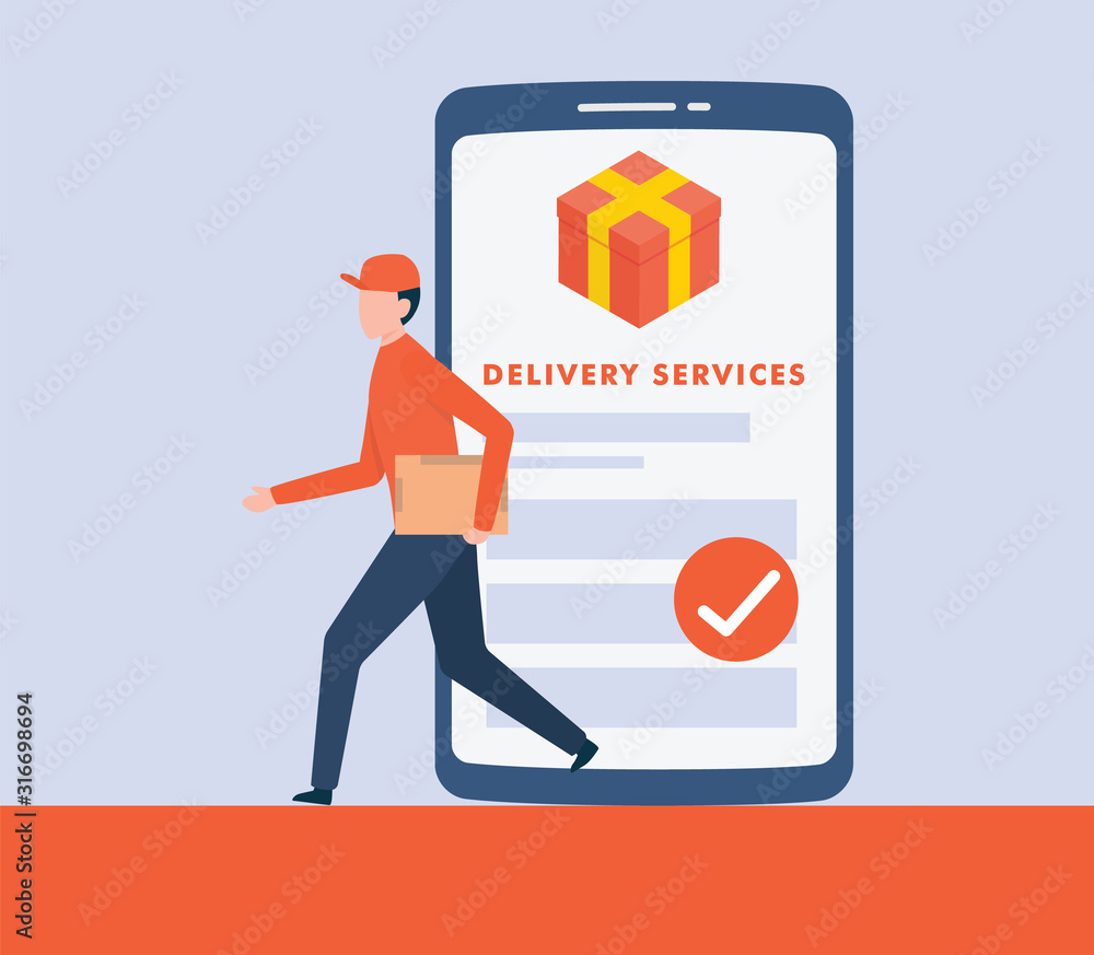 Poster fast document delivery services with app smartphone with run courier