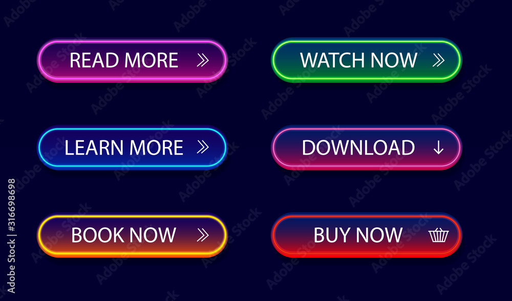 Poster set of glowing, neon button for infographic, web, modile, game. light bright call action icon. desig