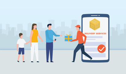 fast delivery courier with smartphone app to family with wife and children with city background