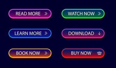 Set of glowing, neon button for infographic, web, modile, game. Light bright call action icon. Design gradient navigation buttons menu. Infographic button read, buy, more isolated. vector