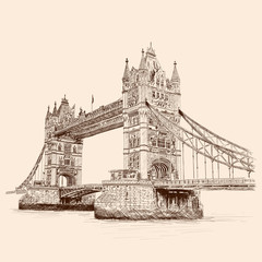 Obraz premium Tower Bridge in London across the River Thames. Pencil sketch on a beige background.