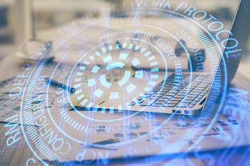 Double exposure of computer and technology theme hud. Concept of innovation.