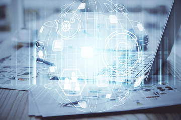 Computer on desktop with social network theme icon. Multi exposure. Concept of international connections.