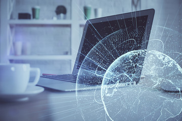 Computer on desktop with social network theme icon. Multi exposure. Concept of international...