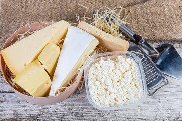 Top view of different varieties cheese and cottage cheese