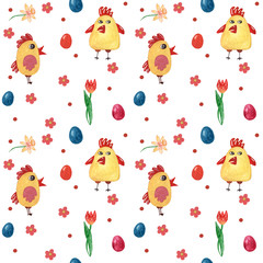 Watercolor seamless background with Easter chicken, egg, dots, flower