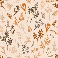 vintage vector seamless pattern of hand drawn tree branches with leaves and flowers. Spring time, blossom, floral, cute.