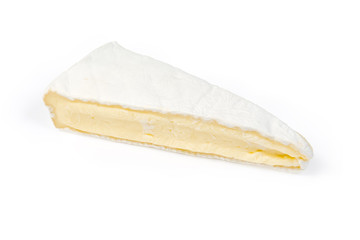 Piece of brie cheese on a white background
