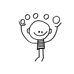 smiling boy juggles balls. Simple Sticks figures, Doodle illustration. vector