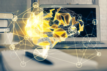 Double exposure of work table with computer and brain sketch hologram. Brainstorming concept.