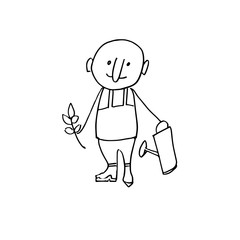 Cheerful agronomist with seedlings and watering can. Cartoon character, Doodle illustration. vector