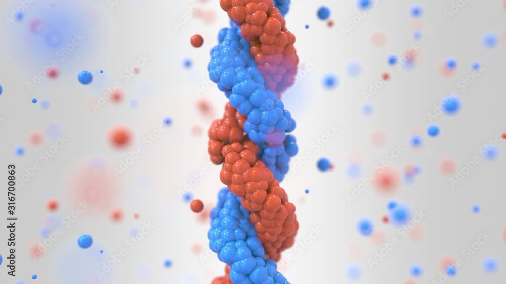 Poster red and blue dna helix and particles, genetics related loopable 3d animation