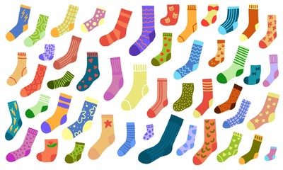 Hand drawn sock collection. Doodle socks with different texture and color. Winter trendy clothing items