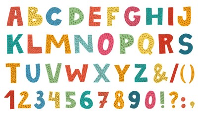 Doodle font with simple hand drawn decor. Bright colorful handdrawn english letters and numbers