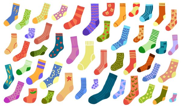 Hand drawn sock collection. Doodle socks with different texture and color. Winter trendy clothing items