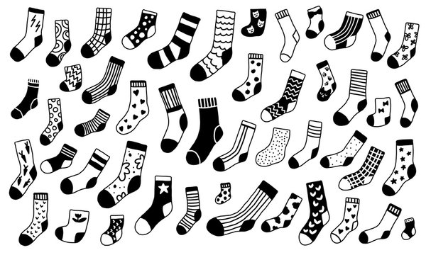 Hand drawn sock collection. Doodle black and white socks with different texture. Winter trendy clothing items