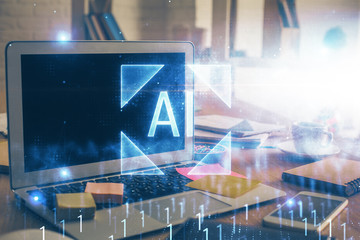 Technology theme drawing and work space with computer. Double exposure. Concept of innovation.
