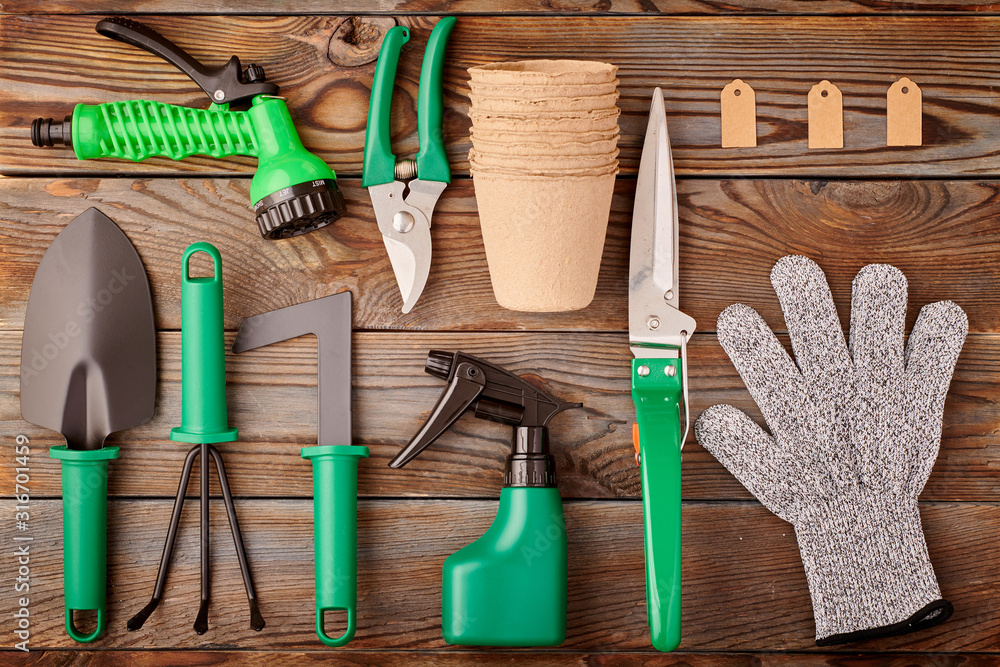 Wall mural Gardening tools on wooden background flat lay