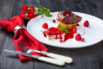 foie gras with baked apple and raspberry sauce