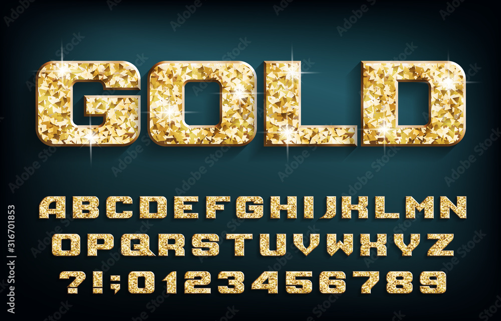 Fototapete gold alphabet font. golden glitter beveled letters and numbers with shadow. stock vector typeface fo