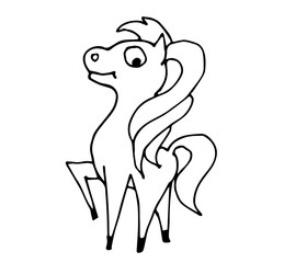 Cute fabulous horse with outlined for coloring book isolated on a white background. Vector illustration of hand drawn black and white pony.