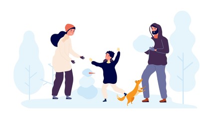 Winter outdoor activity. Family build snowmen snowy park. Man with snowball and woman boy and dog. Happy couple with kid vector characters. Family build snowman, winter holiday fun illustration
