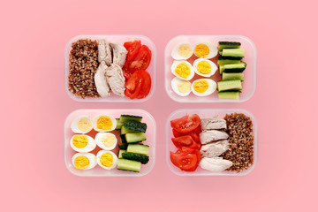 Healthy fitness food for the whole day. Multiple portions in containers