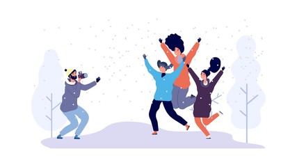 Winter photoshoot. Happy friends making photo in snowy park. Outdoor activities characters. Winter time vector illustration. Happiness photo snow seasonal, friend jump in park