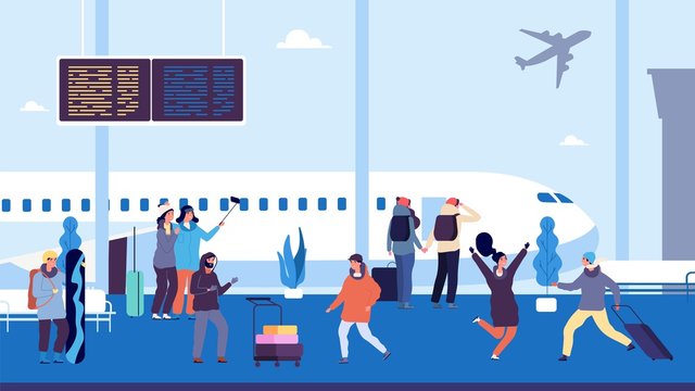 Winter travel. Passengers wait flight, meet and escort people. People at airport with suitcases. Vector vacation illustration flight winter, travel waiting with luggage