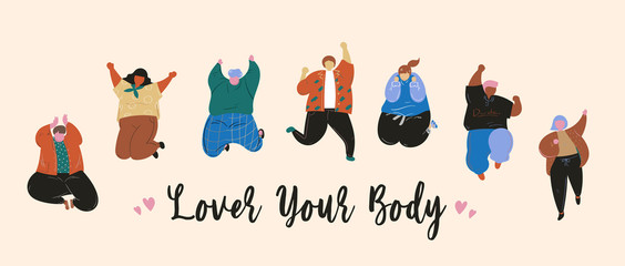 Love your body, Women and men body positive and people concept, Happy plus size, Friendship, Hand drawn vector illustration.