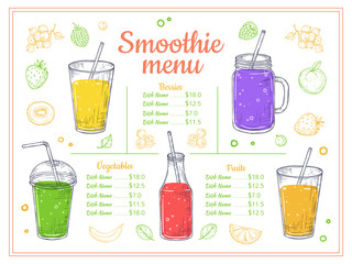 Smoothie menu. Cold drinks, summer shakes and cocktails. Sketch lemonade and healthy diet beverages. Fruits berries juice vector poster. Illustration smoothie menu, lemonade drink, juice cocktail