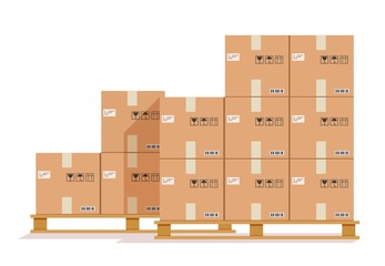 Flat boxes pallet. Cardboard box, cargo wood pallets and parcels. Warehouse stack cartons for delivery. Vector paper containers illustration. Carton container parcel, cargo cardboard