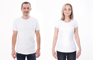 T-shirt design fashion concept, closeup of woman and man in blank white t-shirt, shirt front isolated. Mock up.
