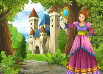 Obraz premium cartoon summer scene with meadow in the forest with beautiful princess girl romantic