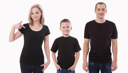 Obraz premium T-shirt design fashion concept, closeup of woman, man and boy in blank black t-shirt, shirt front isolated. Mock up.