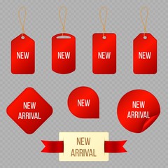 New arrival. Product special labels, stickers and badges. Red retail price tags. Modern promotion vector banners templates. Red tag retail, advertising template sticker new illustration